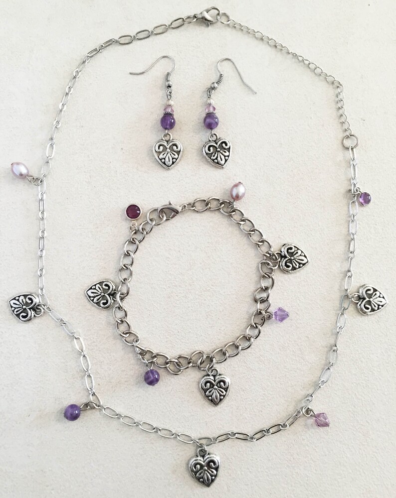 Embossed Pewter Hearts and Amethyst Silver Charm Bracelet. image 2