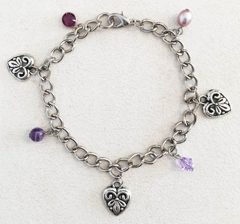 Embossed Pewter Hearts and Amethyst Silver Charm Bracelet. image 1