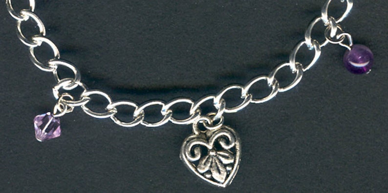 Embossed Pewter Hearts and Amethyst Silver Charm Bracelet. image 5