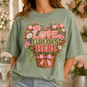May include: A sage green t-shirt featuring a graphic of a brown flower pot filled with a heart-shaped arrangement of pink roses, white daisies, and purple flowers. The text LOVE GROWS HERE is printed in pink and green letters above the pot.