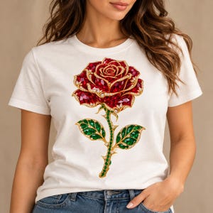 Jeweled Rose PNG, Ruby Gemstone Flower Clipart, Gold Filigree Floral Design, Transparent Background Digital Download
