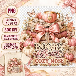 Puede incluir: Un diseño gráfico digital con una pila de libros, una taza rosa con forma de calabaza, gafas, mariposas y flores. Un gran lazo rosa se sitúa sobre los libros. El texto dice: BOOKS, Bows & COZY NOSE. El diseño incluye calabazas y detalles de encaje.