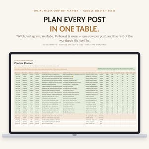 May include: A digital content planner displayed on a laptop screen, featuring a table with columns for date, platform, format, pillar, hook, caption, keywords, status, and analytics. The text reads: PLAN EVERY POST IN ONE TABLE.