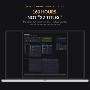 May include: A digital movie and TV tracker dashboard displayed on a laptop screen. The interface features dark mode with gold and white text, including the headings MOVIE & TV TRACKER, 160 HOURS. NOT 22 TITLES, and various data tables for tracking.