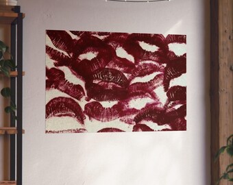 Burgundy Lipstick Kiss Pattern Matte Posters | Lip Print Wall Art