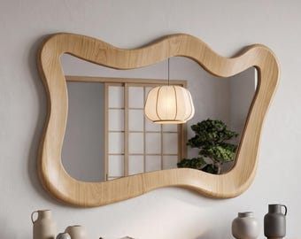 Asymmetrical Wavy Wood Wall Mirror, Organic Shape, Japandi Home Decor