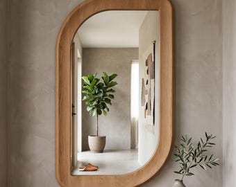 Asymmetrical Wavy Wood Floor Mirror, Organic Sculptural Design, Japandi Style