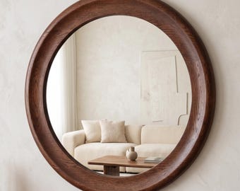 Round Wooden Wall Mirror, Large Circle Mirror for Living Room Decor