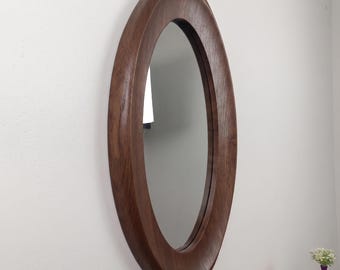 Oval Wooden Wall Mirror, Natural Walnut Frame, Minimalist Room Decoration