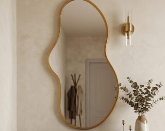 Asymmetric Gold Finish Wood Frame Full Length Mirror, Organic Pond Shape Wall Art