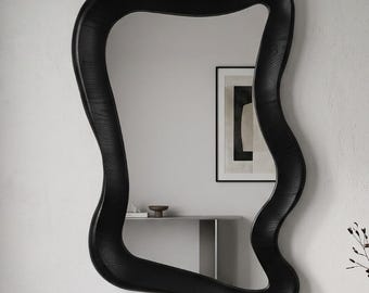 Asymmetric Wavy Wall Mirror, Modern Organic Wood Frame, Black, Walnut, Oak (Frameless Option)