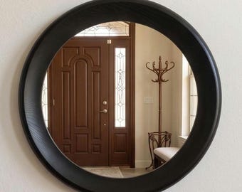 Large Round Wooden Wall Mirror, Modern Circle Mirror for Living Room, Black Walnut Oak