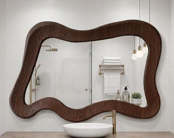 Walnut Asymmetric Wood Mirror, Wavy Wall Decor, Modern Minimalist (Frameless Option)