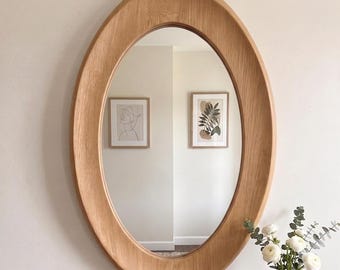 Solid Wood Oval Mirror, Modern Entryway Wall Decor, Oak Vanity Mirror