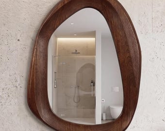 Organic Wood Wall Mirror, Asymmetric Shaped Walnut Mirror for Home Decor