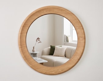 Handcrafted Solid Oak Round Mirror, Deep Wood Frame, Japandi Decor, Bathroom Vanity Mirror