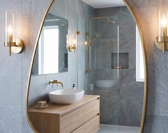 Asymmetrical Wood Frame Mirror, Organic Gold Finish, Modern Entryway Vanity Decor