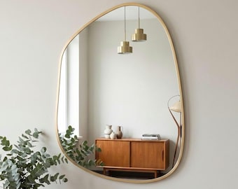 Organic Wall Mirror, Gold Wood Frame, Asymmetric Mirror Home Decor