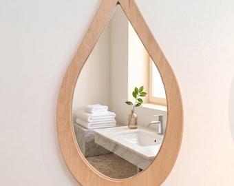 Teardrop Wood Wall Mirror, Asymmetrical Drop Mirror for Entryway Bath
