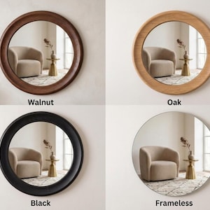 May include: Four circular mirrors displayed in a grid. The top left mirror has a dark walnut frame, the top right has a light oak frame, the bottom left has a black frame, and the bottom right is a frameless circular mirror. Each mirror reflects a room.