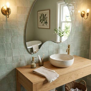 May include: An asymmetrical wall mirror with a thin frame hangs above a light wood vanity featuring a round ceramic vessel sink, a gold faucet, a ribbed glass soap dispenser, a toothbrush holder, and a folded beige waffle-weave towel.