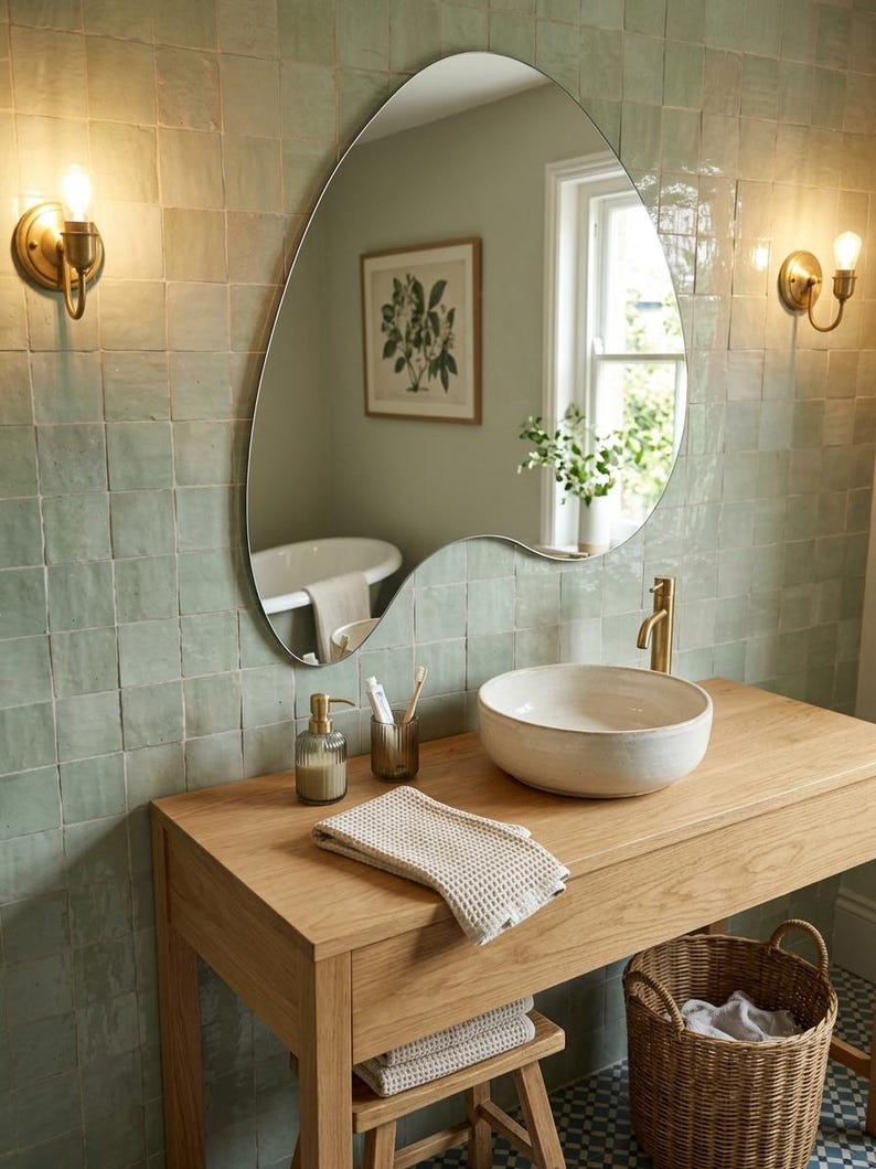 May include: An asymmetrical wall mirror with a thin frame hangs above a light wood vanity featuring a round ceramic vessel sink, a gold faucet, a ribbed glass soap dispenser, a toothbrush holder, and a folded beige waffle-weave towel.