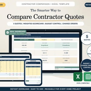 Pode incluir: Um modelo digital de Excel para comparar orçamentos de empreiteiros, exibido num monitor de computador, tablet e smartphone. A interface inclui secções para 5 orçamentos, uma pontuação ponderada, controlo de orçamento e alterações de pedidos.
