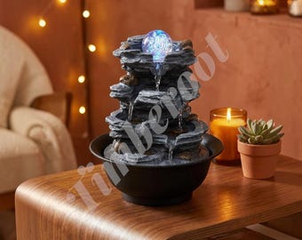 Tabletop Water Fountain with LED Light, Tiered Rock Waterfall Desktop Fountain with Quiet Pump | Zen Meditation Tabletop Water Fountain