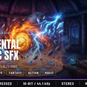 Puede incluir: Una colección de audio digital titulada OUTTA THIS WORLD AUDIO ELEMENTAL MAGIC SFX con 158 sonidos. El gráfico muestra un vórtice de fuego, rayos azules y rocas flotantes sobre una runa circular brillante en una habitación de piedra.