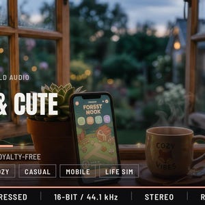 Puede incluir: Un teléfono inteligente que muestra una interfaz de juego titulada FOR5ST NOOK, junto a una suculenta en maceta, una taza humeante con la etiqueta COZY VIBES y un libro. Las superposiciones de texto incluyen OUTTA THIS WORLD AUDIO, COZY & CUTE UI SFX.
