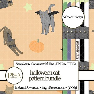 Pode incluir: Um pacote de padrões digitais com ilustrações de gatos em trajes de Halloween, incluindo capas, chapéus de bruxa e asas de morcego, junto com abóboras e estrelas em um fundo laranja. Texto: 6 Colourways, transparent, Seamless, Commercial Use, PNGs, JPEGs, PB&A atterns, halloween cat pattern bundle, Instant Download, High Resolution, 300dpi.