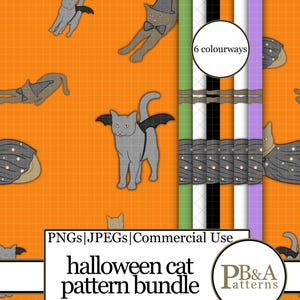 Könnte beinhalten: Ein digitales Musterpaket mit grauen Katzen in Halloween-Kostümen, darunter Fledermausflügel, Hexenhüte und sternenbedruckte Umhänge auf orangefarbenem Grund. Der Text lautet: PNGs|JPEGs|Commercial Use, halloween cat pattern bundle, 6 colourways, 3600x3600px|Seamless|300dpi, und PB&A Patterns.