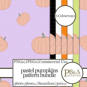 Könnte beinhalten: Ein digitales Musterpaket mit pastellfarbenen Kürbissen auf einem hellvioletten Rasterhintergrund. Das Bild zeigt 6 Farbvarianten in vertikalen Streifen und enthält den Text: 6 Colourways, PNGs|JPEGs|Commercial Use, pastel pumpkins pattern bundle, PB&A Patterns, 3600x3600px|Seamless|300dpi.