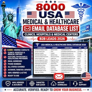 Op de afbeelding: Een digitale marketingafbeelding voor een 8000 USA Medical & Healthcare e-maildatabaselijst 2026. Het bevat het Vrijheidsbeeld, een ziekenhuisgebouw, Amerikaanse vlaggen en een laptop met een spreadsheet van zakelijke contacten en e-mailadressen.