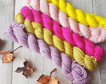 Mini Skein Set, 5 x 20g skeins, hand dyed yarn, mini skein, DK yarn, 4ply yarn, sparkle sock, Yorkshire in Bloom colourway, sock knitting