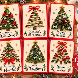 Può includere: Un set di sei biglietti d'auguri natalizi rettangolari con alberi di pino verdi ricamati decorati con fiocchi rossi, perline dorate e bianche e stelle. Ogni biglietto mostra testi festivi tra cui Merry Christmas, Season's Greetings, Happy Holidays, Joy to the World e Warm Wishes.