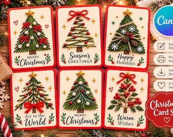 Merry Christmas Printable Template set of 6, Christmas Tree Thread Card Template, Printable Christmas Embroidery PDF, Stitching Pattern, DIY