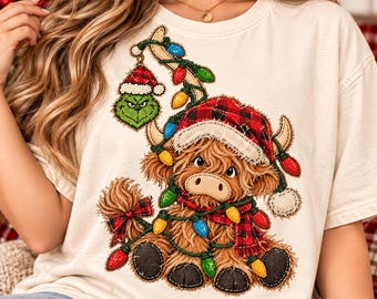 Vintage Patchwork Christmas Cow PNG,Cozy Highland Cow with Christmas Lights,Rustic Farmhouse Holiday Animal,Retro Christmas Trendy Viral Png