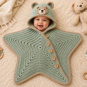 Op de afbeelding: Een saliegroene, stervormige gehaakte babydeken met een capuchon voorzien van een berengezicht. De deken heeft een beige rand en wordt aan één kant gesloten met vijf houten knopen. Het haakpatroon bevat een centraal stermotief.