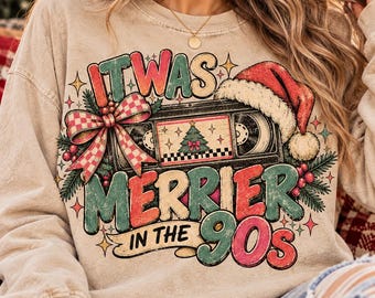 It Was Merrier In The 90's PNG,Retro Christmas VHS Cassette Graphic,Vintage Holiday Digital Download,Girly Xmas Shirt PNG, Aesthetic Graphic