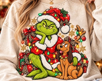Glitterende groene man en hond kerstclipart PNG, Grinc kerstclipart, Max vakantieclipart, glitter kerst digitale download, trendy virale
