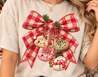 Kawaii Christmas Dumpling Bow PNG,Cute Food Holiday Design,Buffalo Plaid Checkered Bow,Festive Christmas Sublimation Png, Trendy Viral Png