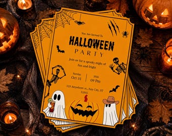 May include: An orange Halloween party invitation card featuring black illustrations of spiderwebs, spiders, bats, skeletons, a jack-o'-lantern, and two ghosts. The text reads: You Are Invited To HALLOWEEN PARTY, Join us for a spooky night of fun and fright, Sunday Oct 31 2026 09 PM, 123 Anywhere st., Any City, ST 12345.