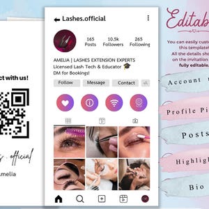 May include: An editable social media profile template featuring a mock Instagram interface with a profile picture, bio, follower count, and a grid of six lash extension images. A QR code is displayed on the left, and labels point to editable sections.