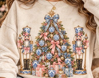 Vintage Gold Glitter Chinoiserie Christmas Tree PNG,Coquette Blue Christmas PNG,Nutcracker Holiday Design,Blue Floral Preppy Christmas,Trend