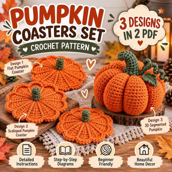 Pumpkin Coaster Set Crochet Pattern,8 Coasters Become One 3D Pumpkin,Instant Digital Download,Trendy PDF,Fall Table Decor,Thanksgiving Decor