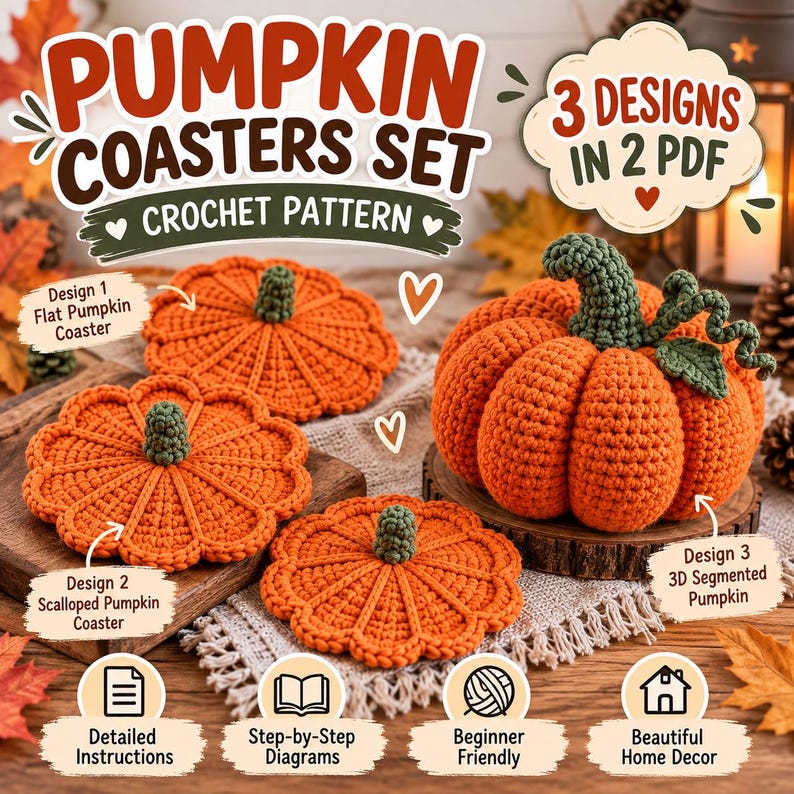 May include: A crochet pattern set for pumpkin coasters and a 3D pumpkin. The text reads PUMPKIN COASTERS SET, 3 DESIGNS IN 2 PDF, CROCHET PATTERN, Design 1 Flat Pumpkin Coaster, Design 2 Scalloped Pumpkin Coaster, and Design 3 3D Segmented Pumpkin.