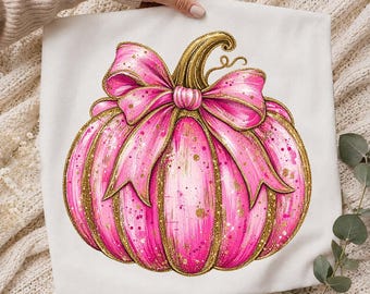 Pink Glitter Pumpkin PNG, Coquette Pumpkin PNG, Pink Bow Fall PNG,Girly Halloween Pumpkin, Glam Autumn Sublimation,Cute Pumpkin Shirt Design