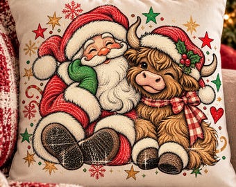 Santa Highland Cow Christmas PNG, Vintage Western Holiday Cow Design,Retro Santa Cow Sublimation Graphic, Festive Christmas Shirt PNG Trendy