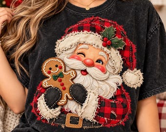 Patchwork Santa Hugging Gingerbread PNG,Cozy Santa Christmas Tee Design, Vintage Patchwork Holiday Graphic, Cute Retro Christmas Sublimation